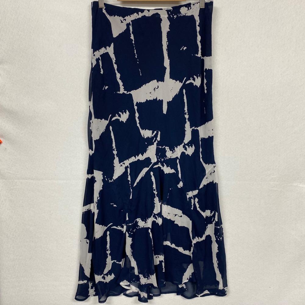 Ashley Stewart Womens 14 Maxi Skirt Navy Gray Flowy Stretch Abstract 93097